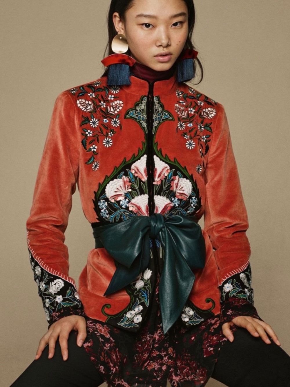 Zara Premium Floral Embroidered Orange Velvet Floral Jacket - NWT Size L